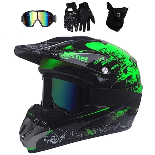 Crosshelm UIGJIOG in Grün mit der mitgelieferten Brille und den Handschuhen